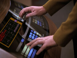 A close look at the center panel of a Galaxy-class tactical console