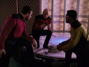 Riker, Picard, and La Forge in transporter room
