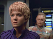 Kes and Neelix on the bridge, 2371