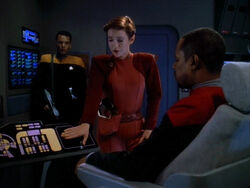 Kira Nerys uses the hand scanner to authorize auto-destruct in late 2371