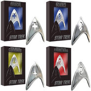 Command, Engineering, Science, and Medical division metal badges from Star Trek