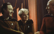 Brent Spiner, Denise Crosby, and Patrick Stewart