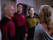 Picard introduces Riker and Data to Jenice Manheim