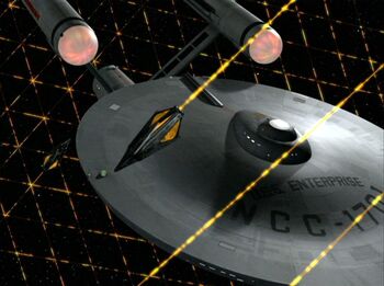 USS Enterprise and Tholian web - overhead, remastered