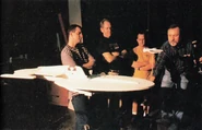 Ex Post Facto battle planning.jpg (44 KB) 1995: Discussing Styrofoam USS Voyager and Numiri patrol vessel mock-ups for a VFX shot with (l-r) Jim Rider, Stipes and Joe Bauer VOY: "Ex Post Facto"