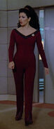 A maroon unitard with a navy banded collar (2366)
