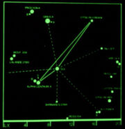 A starchart with the locations of Sol, Barnard's Star, Alpha Centauri A, B, C, Lalande 21185, Wolf 359, Procyon A, B, Sirius A, B, Epsilon Eridani, Tau Ceti, Groombridge 34 A, B, Ross 248, Luyten 789-6, Epsilon Indi, 61 Cygni A, B and Ross 154, (page 77)