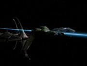 IKS Rotarran and USS Defiant retreat from DS9