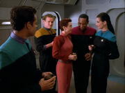 Bashir, O'Brien, Kira, Sisko, and Dax in dining room