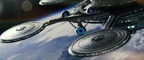 USS Enterprise (alternate reality) departs Spacedock