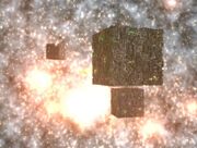 A group of Borg Cubes evading the debris of a Species 8472 destroyed planet