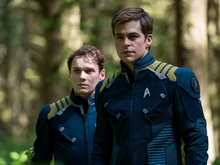 Captain Kirk and Lieutenant Chekov in the Starfleet command survival uniform.