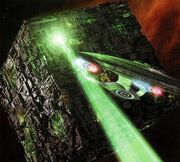 A Borg cube attacking the Enterprise-D