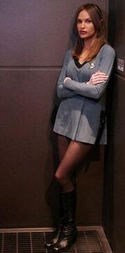 T'Pol wearing a sciences division outfit that was found aboard the 