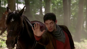 Merlin makes a bandit fall from his horse.
