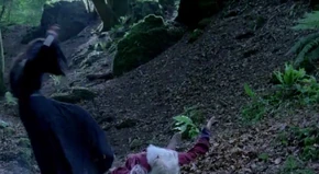 Morgana is blasted away by Merlin.