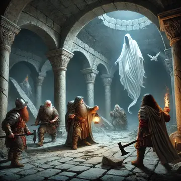 Specter - A group of Dwarves encountering a Specter in the ancient dark halls of Moria, illustrated in a classic, realistic fantasy style inspired by MERP and T