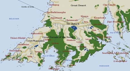 MERP Lands, based on Pete Fenlon´s Continental map but adjusted to equatorial line, changed proportions.