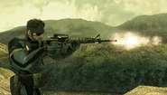Promotional image of Naked Snake firing an assault rifle.