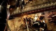 Raiden parries the Blade Wolf's chainsaw upon the latter's ambush of Raiden.