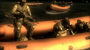 A group of Haven Troopers recover onboard a life raft after the SOP System is destroyed, under the watch of a U.S. soldier.