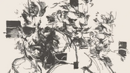 Ilustración de Yoji Shinkawa para la portada de Metal Gear 20th Anniversary - Metal Gear Music Collection, en la que aparecen Big Boss, Liquid Snake y Solid Snake.