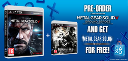 PlayStation Network advertisement for pre-ordering Metal Gear Solid V: Ground Zeroes and getting Metal Gear Solid: Peace Walker for free.