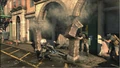Raiden killing soldiers by cutting pillars. A Metal Gear Solid: Peace Walker poster can be seen in the background.