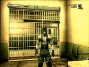 Poor Naked Snake wrapped in bandages, in a prison cell.