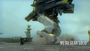 Metal Gear ZEKE stomping a MSF soldier.