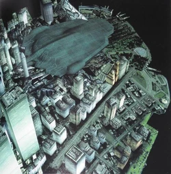 Arsenal Gear crashes into Manhattan.