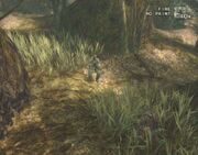 Naked Snake hiding in the bushes to avoid detection. The camouflage index can be seen in the top right corner of the screenshot.