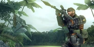 Big Boss, in Battle Dress, preparing to fight an attack helicopter.