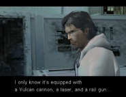 Otacon knows that the Metal Gear has a Vulcan cannon, a laser, and rail gun, but he wasn't informed on what it was armed with.