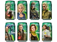 Mountain Dew cans with pictures of the Peace Walker characters on them.