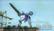 Metal Gear ZEKE using its shock unit. Equipped with all standard ZEKE main and optional components but with the head of the Pupa and legs of Peace Walker. Normal color scheme.