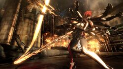 Raiden and Mistral fighting at the ground level of the plant amongst the flames.