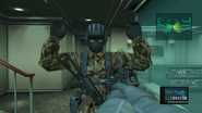 A Gurlukovich soldier being held up by Solid Snake in Metal Gear Solid 2.