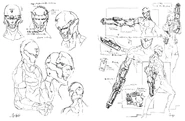 Concept art for Gray Fox, including his arm cannon.