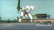 Metal Gear ZEKE charging its shock unit in an attempt to unleash an electrical strike dealing high damage. Equipped with all standard ZEKE main and optional components but with the head of the Pupa and legs of Peace Walker. Normal color scheme.
