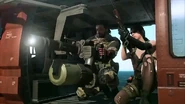 Venom Snake and Quiet in military helicopter.