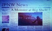 The newspaper story, featuring the Big Shell monster.