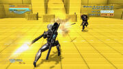 Raiden using a missile launcher for a close range shot.