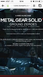 Screen for registering Ground Zeroes. The message implied that The Phantom Pain would be released in early 2015.