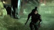 Venom Snake running from Metal Gear Sahelanthropus which was hijacked by Eli.