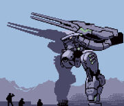 A giant mech armed with rail guns, observed from a distance by several soldiers.