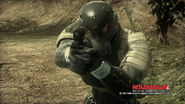 A Haven Trooper aims her Five-seveN handgun at Solid Snake.