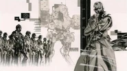 Flashback cutscene art featuring Big Boss with Metal Gear D and his mercenary forces.