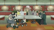 Dethklok and their families in the booth seating at Burzum's.
