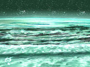 A depiction of Bavoom's surface from its atmosphere, with Bavoomians visible, via Meteos Online.